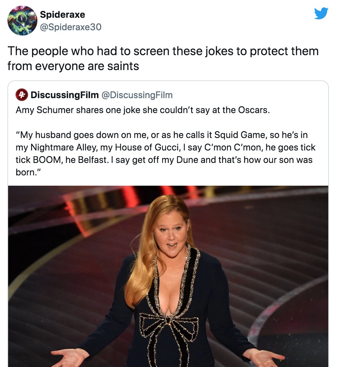 Amy Schumer Oscars Joke - amy schumer -  The people who had to screen these jokes to protect them from everyone are saints Discussing Film Film Amy Schumer one joke she couldn't say at the Oscars. "My husband goes down on me, or as he calls it Squid Game,
