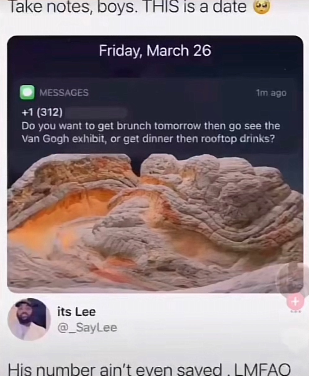 Dude's Taking L's Online - jaw - Take notes, boys. This is a date ou Friday, March 26 1m ago Messages 1 312 Do you want to get brunch tomorrow then go see the Van Gogh exhibit, or get dinner then rooftop drinks? its Lee His number ain't even saved. Lmfao