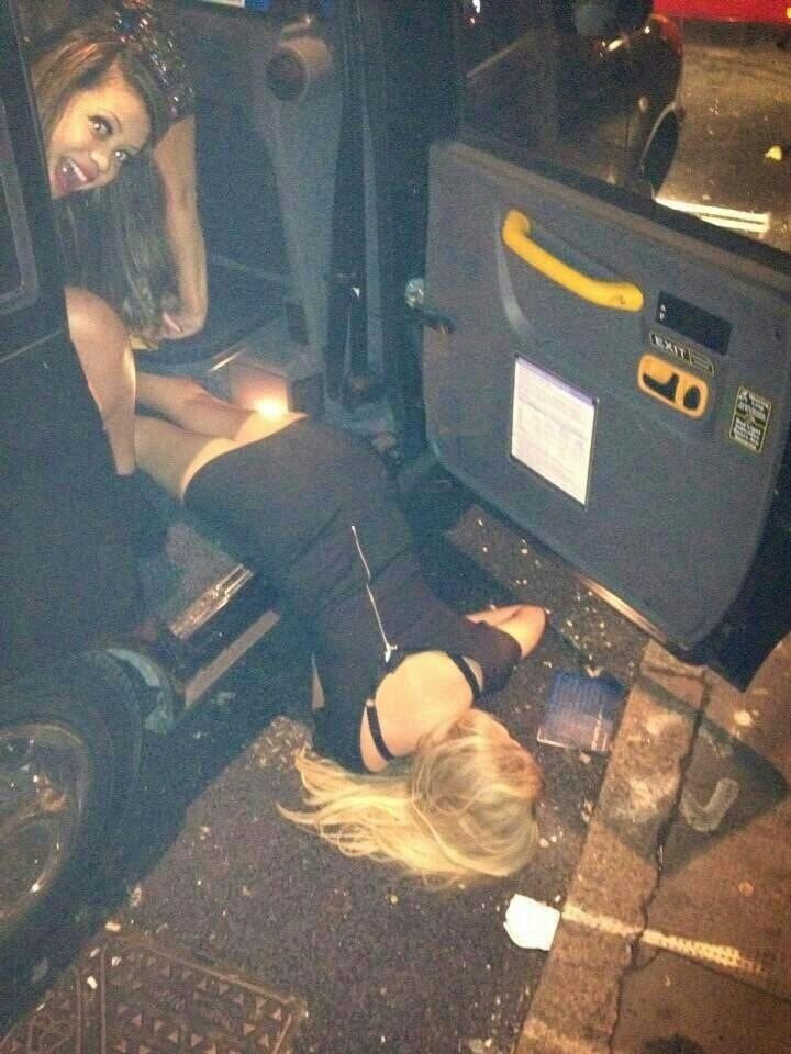 chaotic nightclub photos - drunk girl falling out of taxi