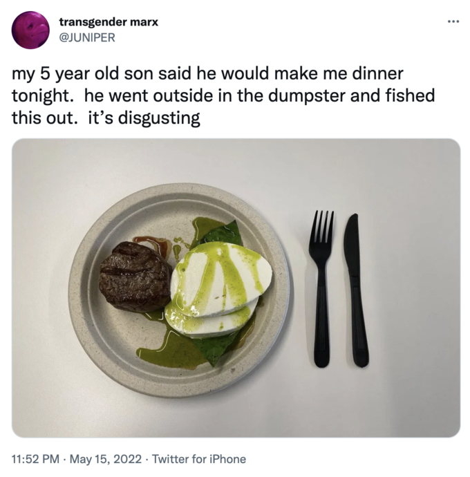 Anna Wintour Caprese Salad - science museum - transgender marx my 5 year old son said he would make me dinner tonight. he went outside in the dumpster and fished this out. it's disgusting . . Twitter for iPhone