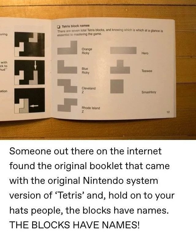 awesome randoms - tetris name pieces - Tetris block names There are seven total Tetris blocks, and knowing which is which at a glance is essential to mastering the game. uring Orange Ricky Hero with ck to hud Blue Ricky Toowee Til ation Cleveland Z Smashb
