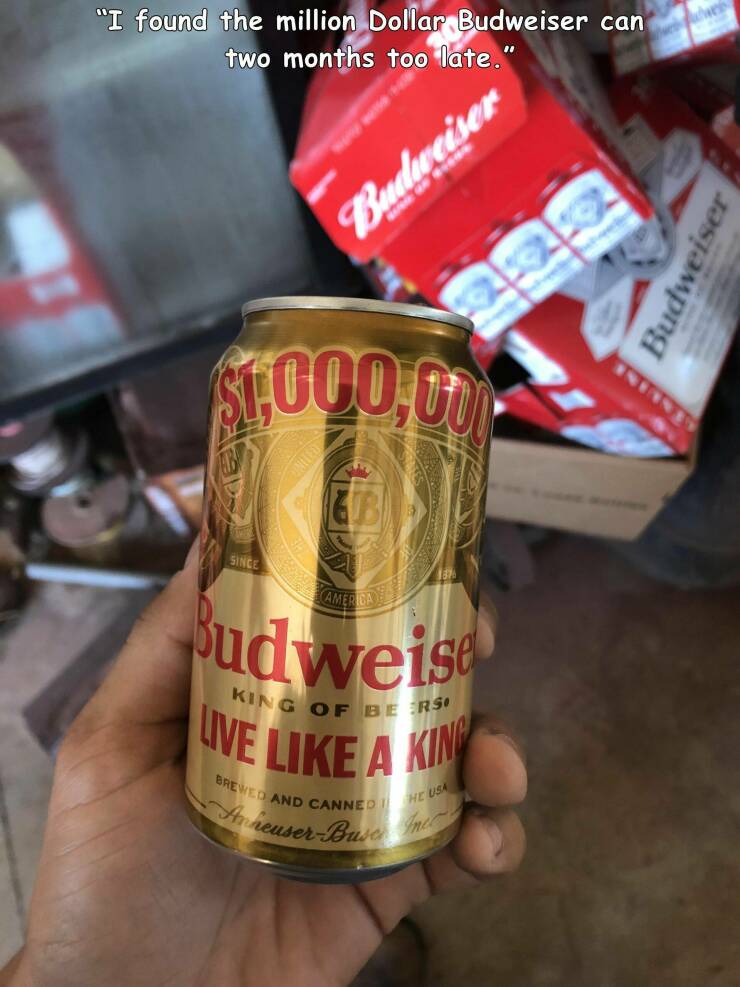 monday morning randomness - drink - "I found the million Dollar Budweiser can two months too late." Budweiser $1,000,000 Eb Since Budweise King Of Beers Live A King Brewed And Canned He Usa AnheuserBusc Inec father Budweiser
