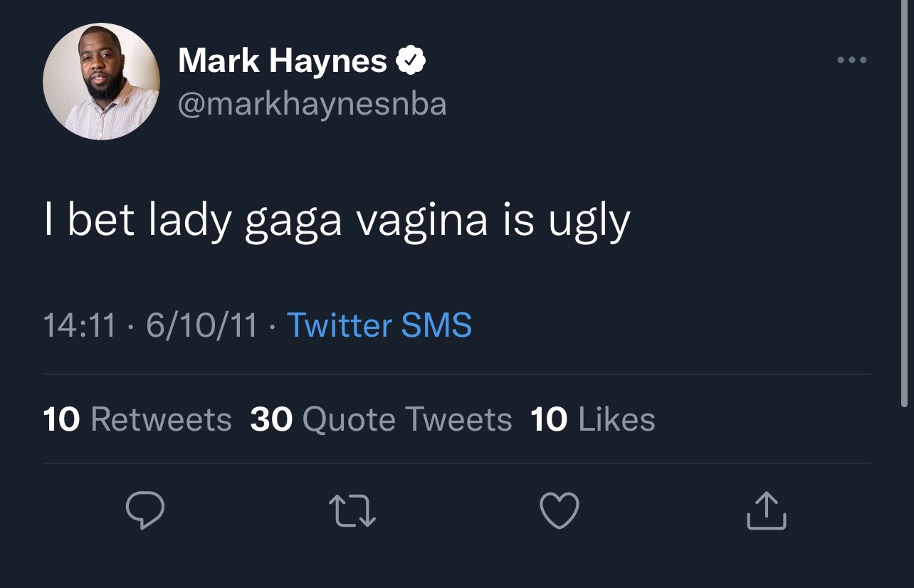 Mark Haynes NBA tweets - rainbowfish twitter - Mark Haynes I bet lady gaga vagina is ugly 61011. Twitter Sms 10 30 Quote Tweets 10 22