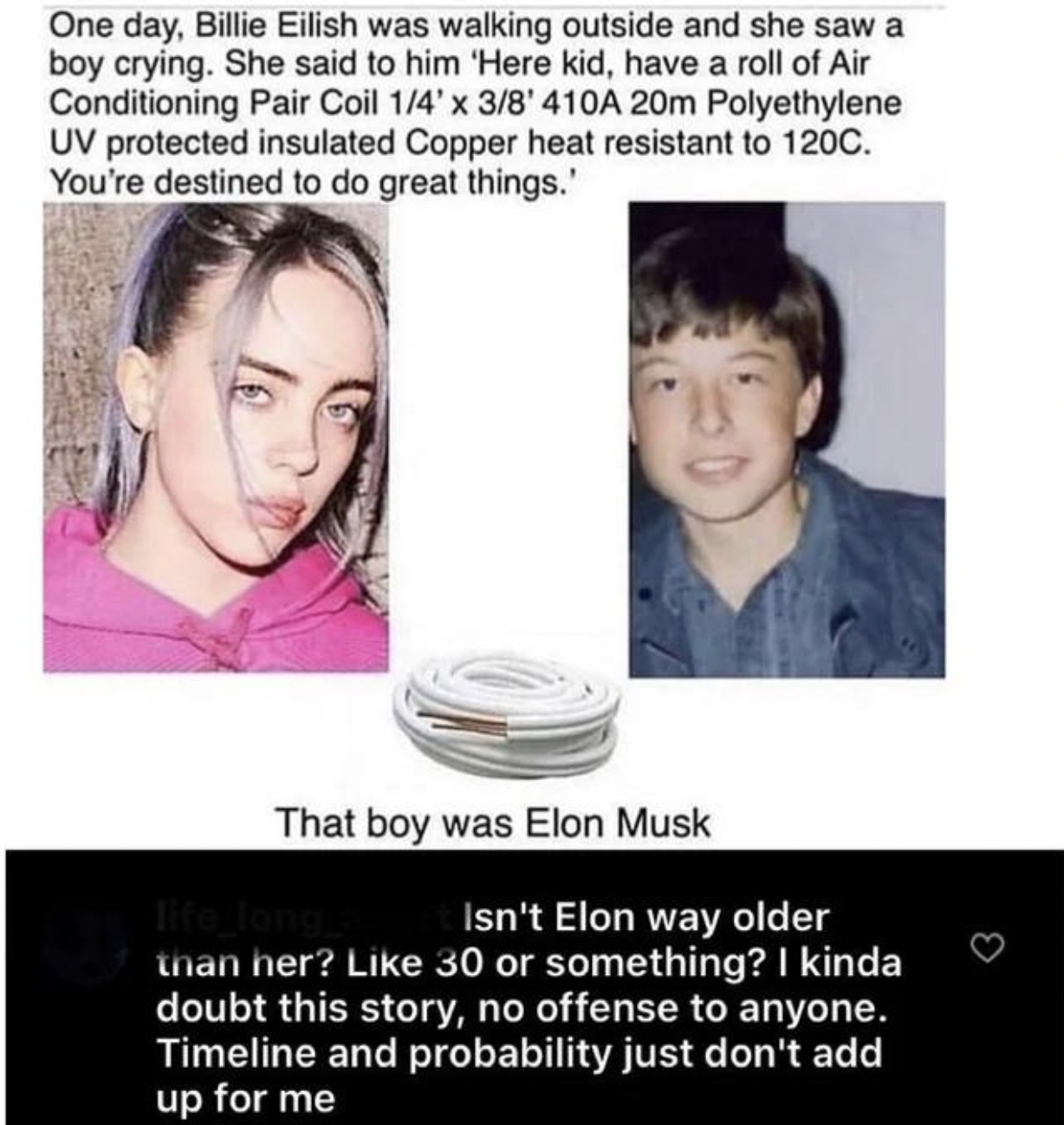 People Who Don't Get the Joke - One day, Billie Eilish was walking outside and she saw a boy crying. She said to him 'Here kid, have a roll of Air Conditioning Pair Coil