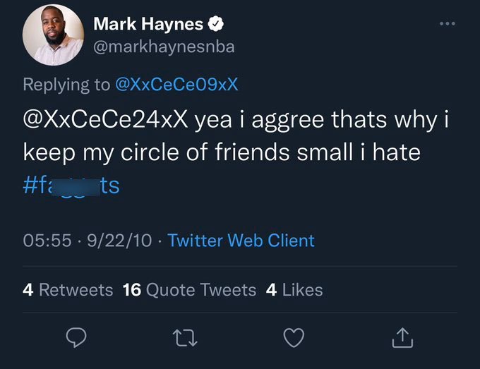 Mark Haynes NBA tweets - rainbow fish twitter - ... Mark Haynes yea i aggree thats why i keep my circle of friends small i hate 92210 Twitter Web Client 4 16 Quote Tweets 4 27