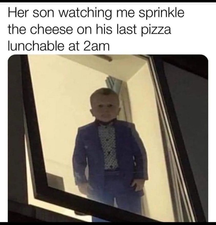 funny pics - hasbulla looking out window - Her son watching me sprinkle the cheese on his last pizza lunchable at 2am