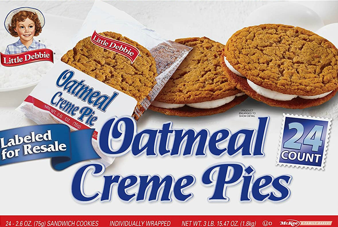 food to fornicate with - little debbie oatmeal cream pie - Little Debbie Little Debbie Oatmeal Creme Pie Net Wt. 2.6 Oz. 75g Product Enlarged To Show Detail Count Oatmeal 24 Creme Pies McKee A Family Bakery Labeled for Resale 242.6 Oz. 75g Sandwich Cookie