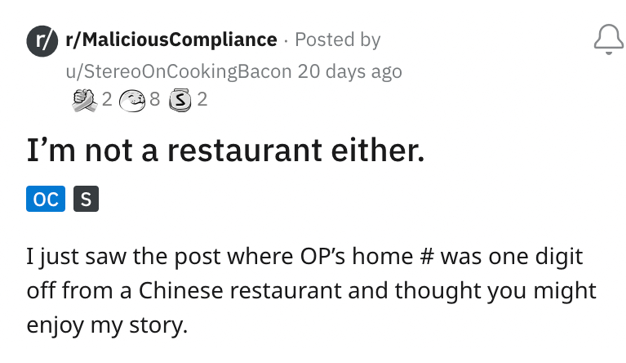 Entitled Chinese Restaurant Heckler - iphone 3g - rrMaliciousCompliance Posted by 20 days ago uStereoOnCookingBacon 28 32 I'm not a restaurant either. Oc S I just saw the post where Op's home # was one digit off from a Chinese restaurant and thought you m