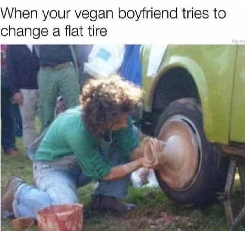 funny memes and pics - your vegan boyfriend tries to change - When your vegan boyfriend tries to change a flat tire Agneis