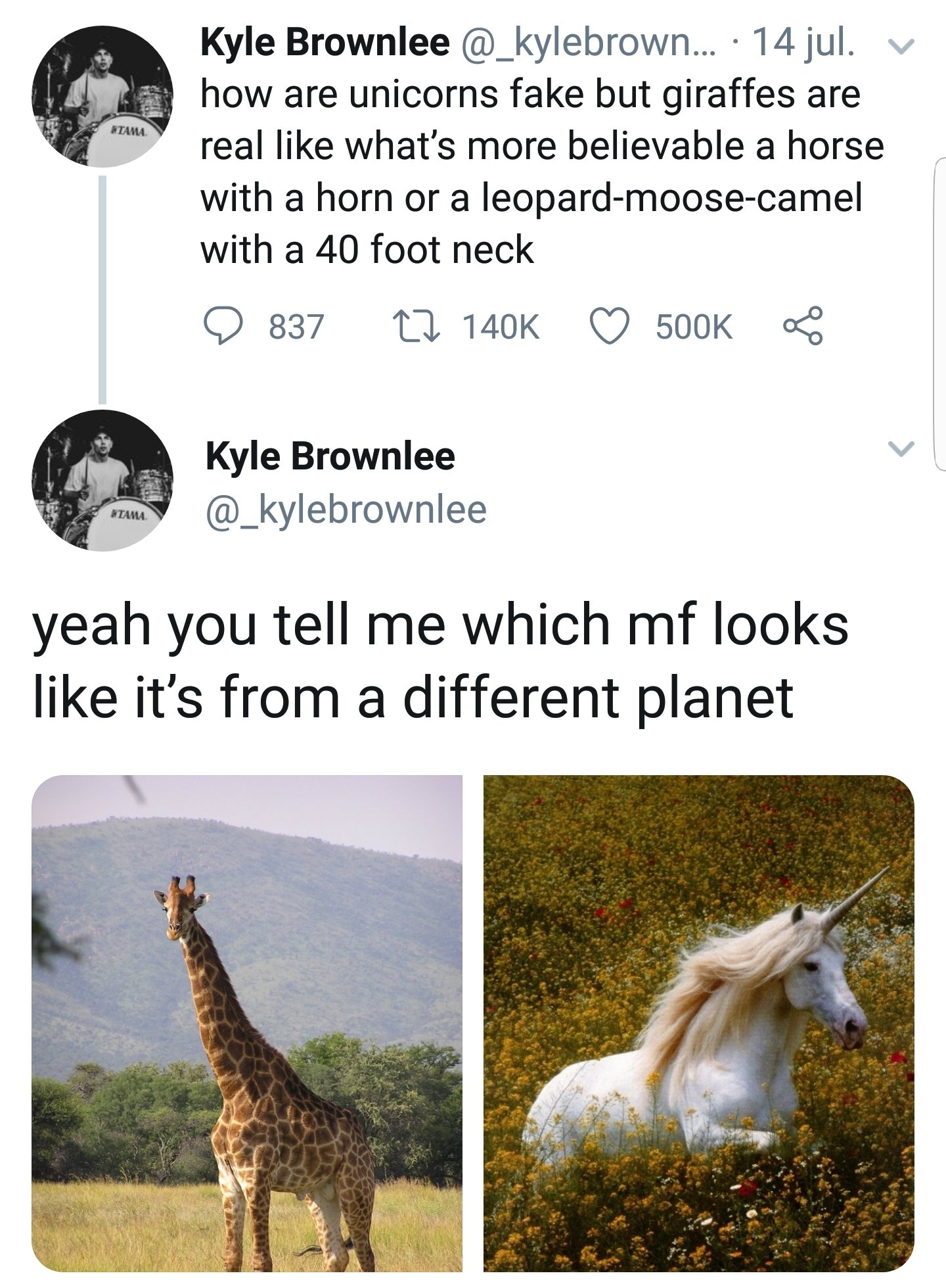 funny memes and pics - leopard moose camel with a 40 foot neck - Kyle Brownlee ... 14 jul. how are unicorns fake but giraffes are real what's more believable a horse with a horn or a leopardmoosecamel with a 40 foot neck Kyle Brownlee Stama yeah you tell 