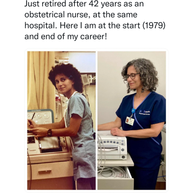 wholesome posts - uplifting news - 1979 nurse - Just retired after 42 years as an obstetrical nurse, at the same hospital. Here I am at the start 1979 and end of my career!