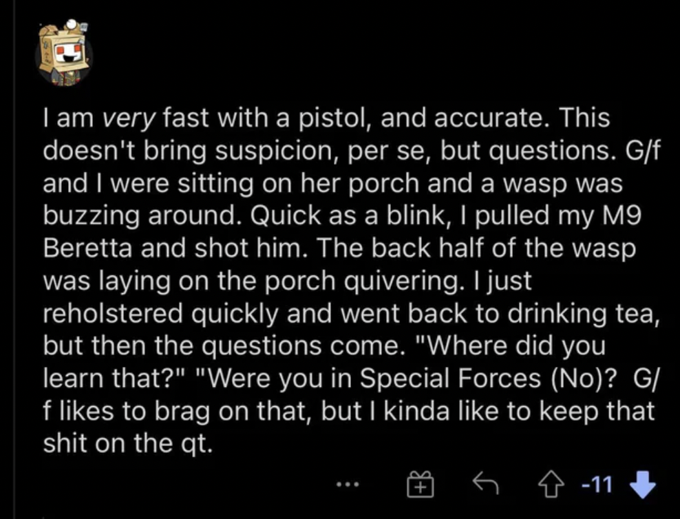 internet liars - atmosphere - I am very fast with a pistol, and accurate. This doesn't bring suspicion, per se, but questions. Gf and I were sitting on her porch and a wasp was buzzing around. Quick as a blink, I pulled my M9 Beretta and shot him. The bac