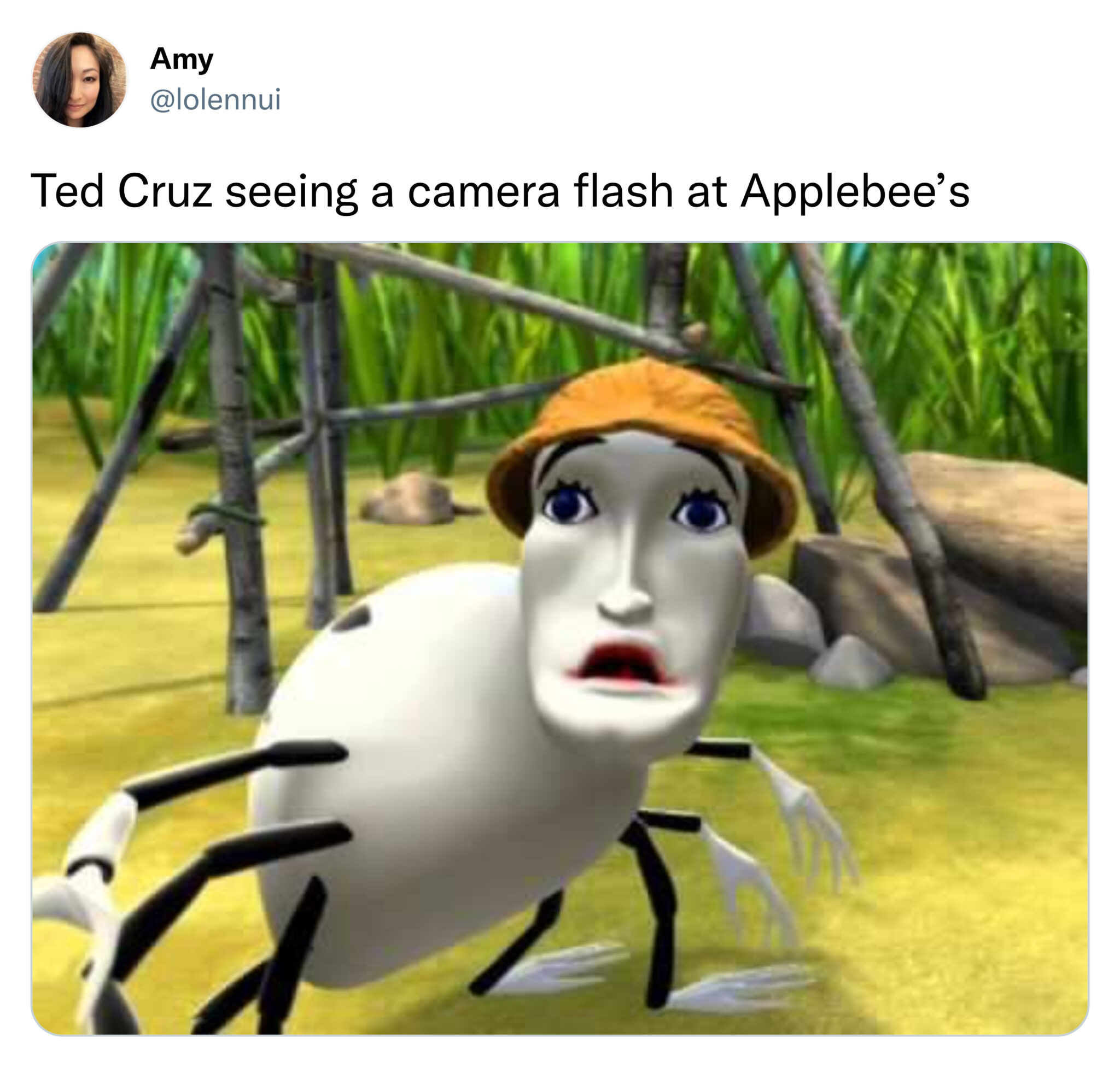 funny tweets  -  noah cyrus meme spider - Amy Ted Cruz seeing a camera flash at Applebee's