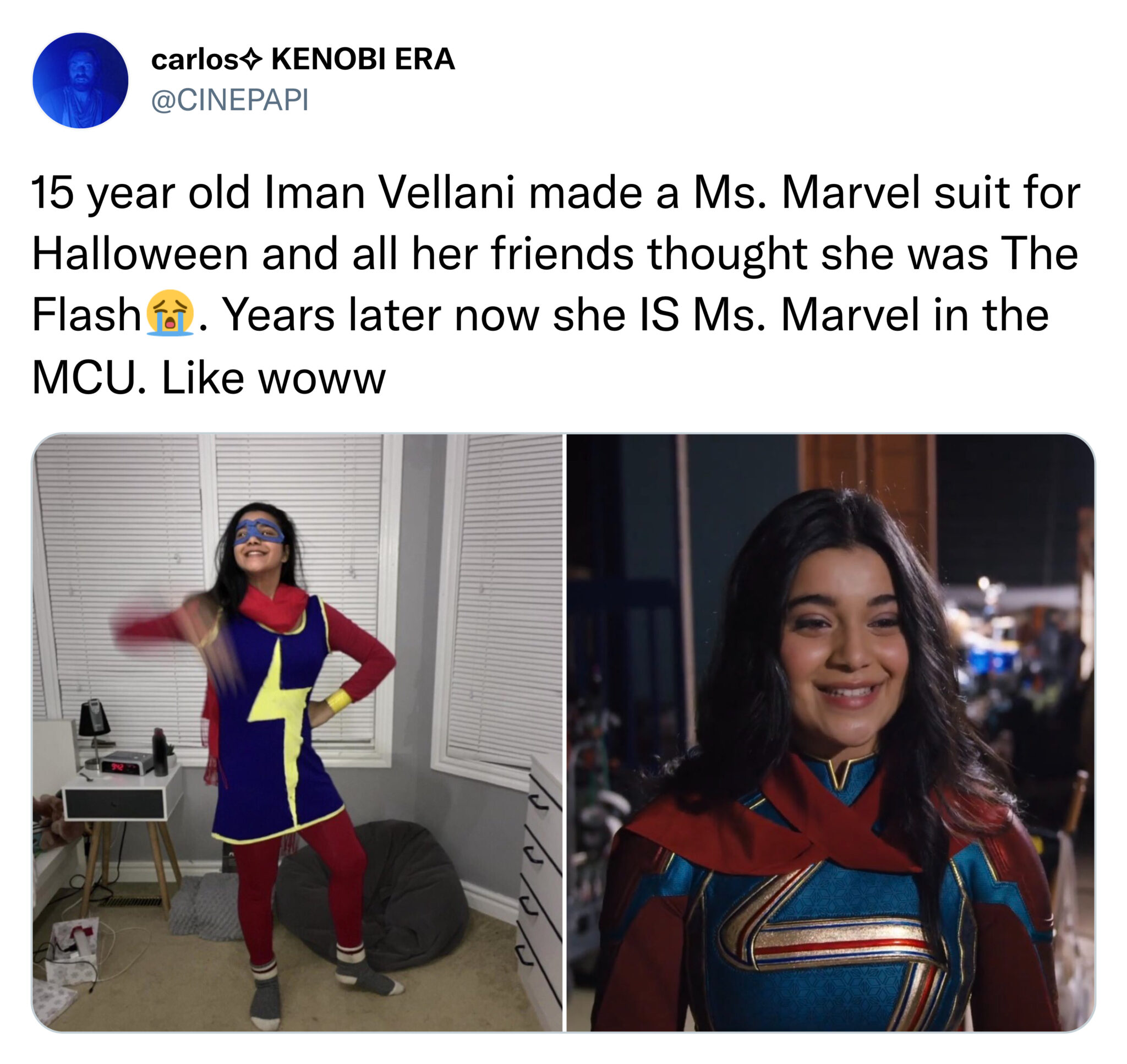 funny tweets  -  shoulder - carlos Kenobi Era 15 year old Iman Vellani made a Ms. Marvel suit for Halloween and all her friends thought she was The Flash. Years later now she Is Ms. Marvel in the Mcu. woww