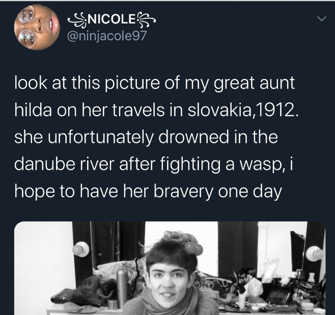 Unhinged Tweets - aunt hilda grimes - Nicole look at this picture of my great aunt hilda on her travels in slovakia,1912. she unfortunately drowned in the danube river after fighting a wasp, i hope to have her bravery one day L