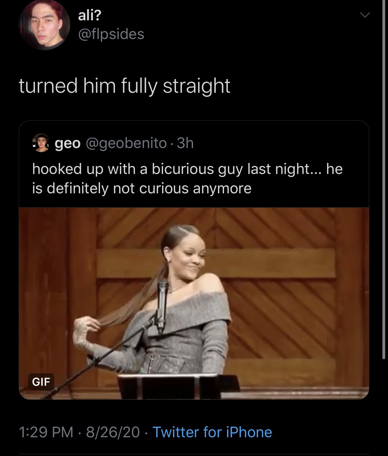 Unhinged Tweets - ali? turned him fully straight geo. 3h hooked up with a bicurious guy last night... he is definitely not curious anymore Gif 82620 Twitter for iPhone