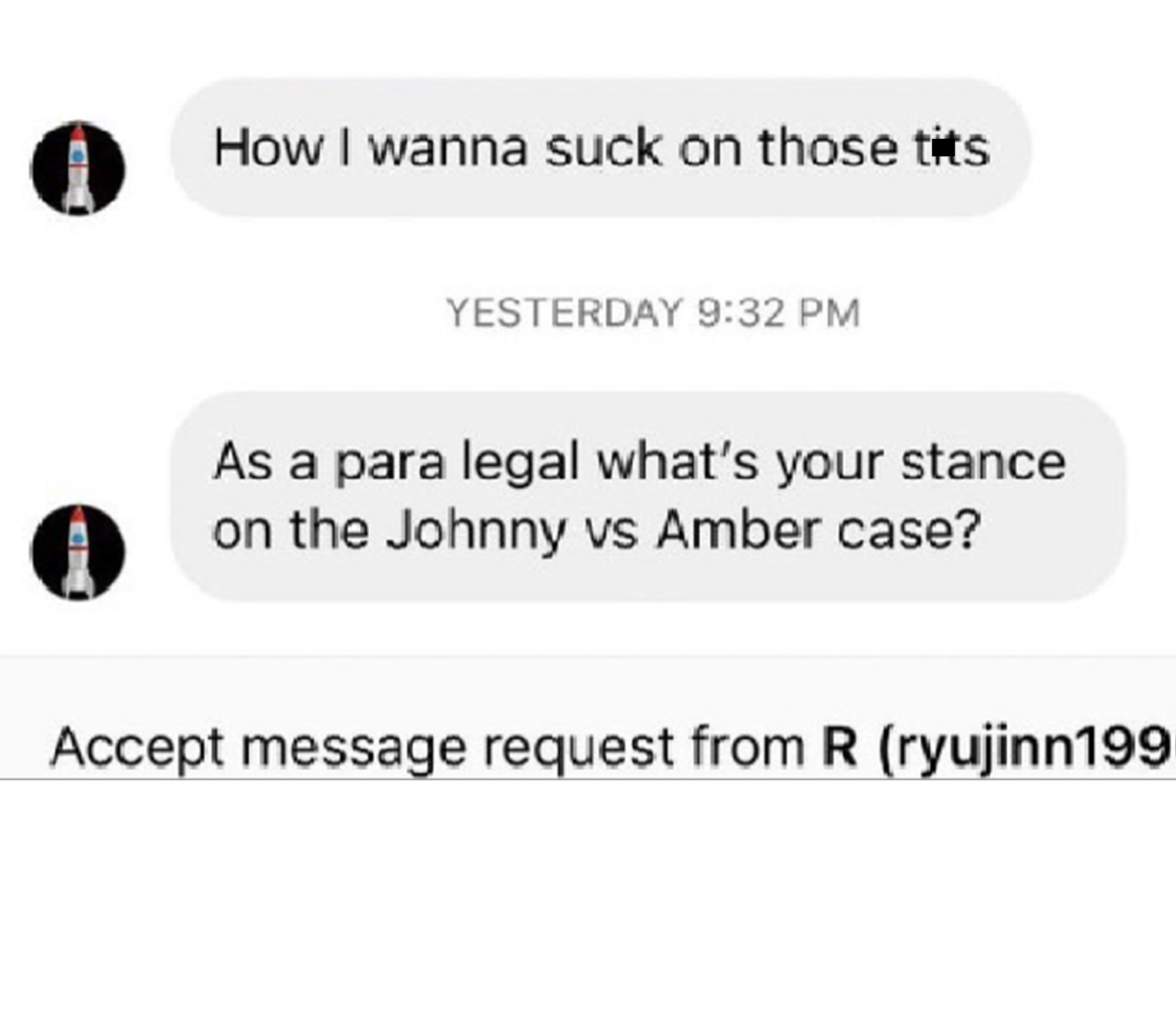 Unhinged Tweets - communication - How I wanna suck on those tits Yesterday As a para legal what's your stance on the Johnny vs Amber case? Accept message request from R ryujinn199 Pad C