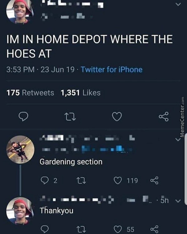 spicy memes - i m in home depot where the hoes - Im In Home Depot Where The Hoes At 23 Jun 19 Twitter for iPhone 175 1,351 27 Gardening section 2 17 Thankyou 27 119 55 go F... 5h go MemeCenter.com
