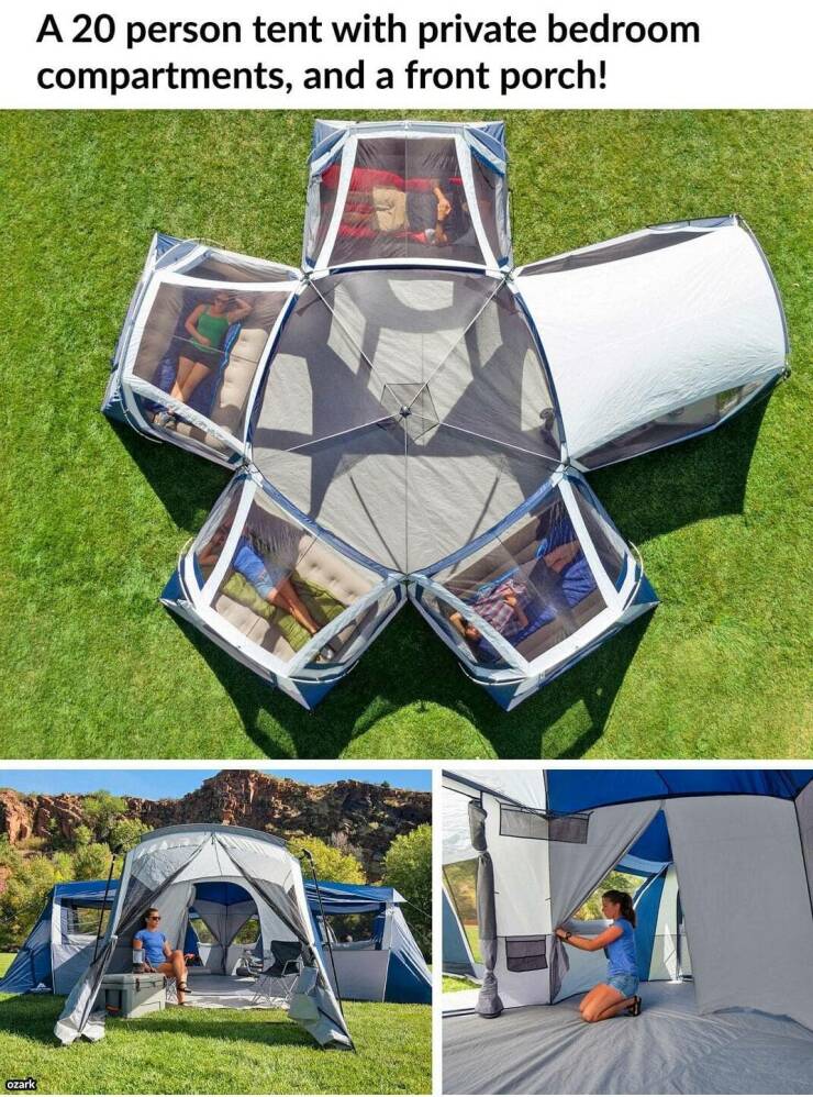 cool pics - ozark trail 20 person tent - A 20 person tent with private bedroom compartments, and a front porch! ozark