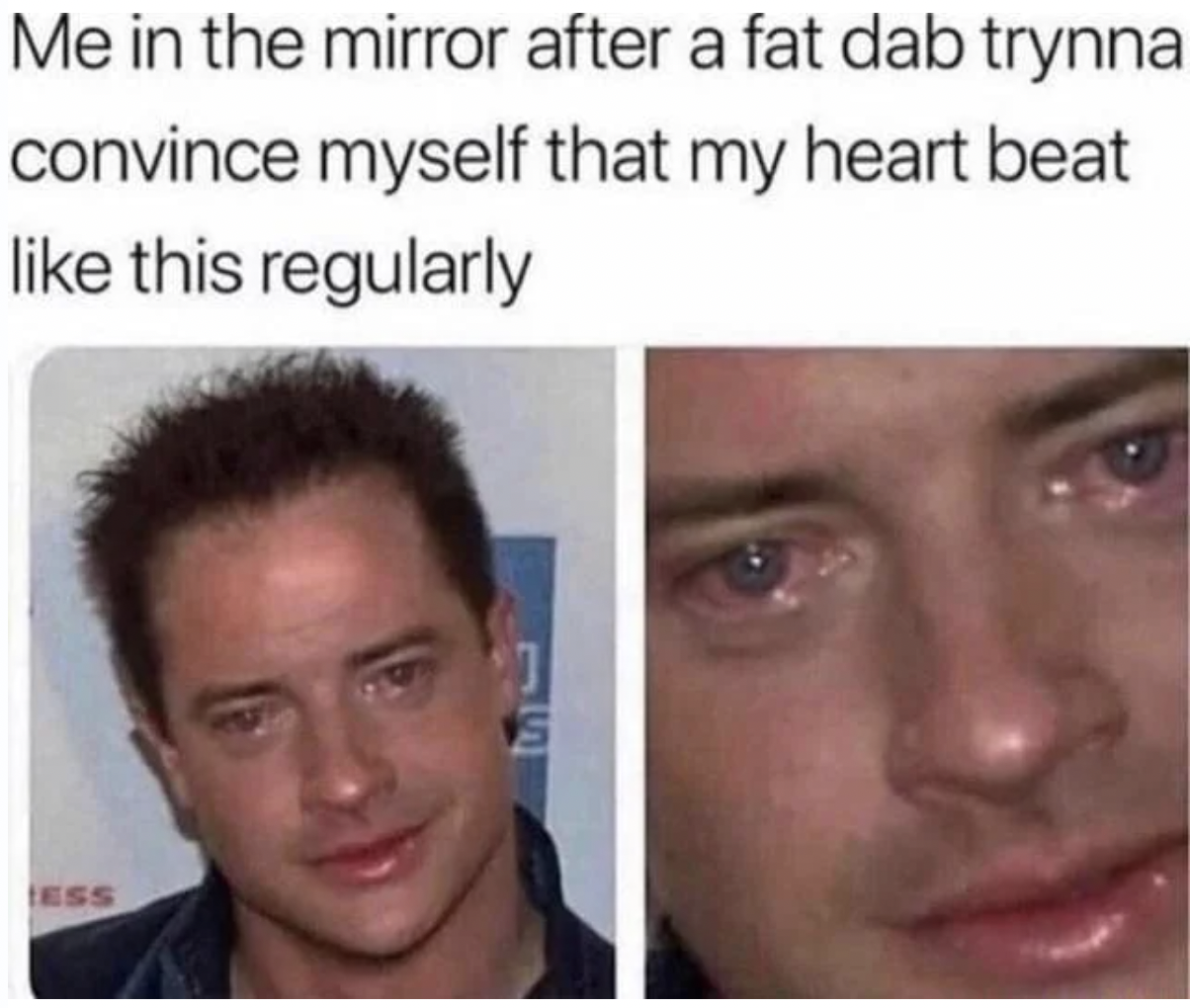 Dank Memes - brendan fraser sad meme - Me in the mirror after a fat dab trynna convince myself that my heart beat this regularly S Ess