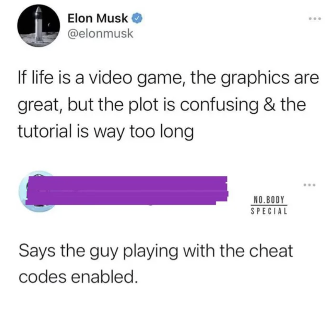 Comments and Comebacks - Elon Musk - Elon Musk If life is a video game, the graphics are great, but the plot is confusing & the tutorial is way too long No.Body Special Says the guy playing with the cheat codes enabled.