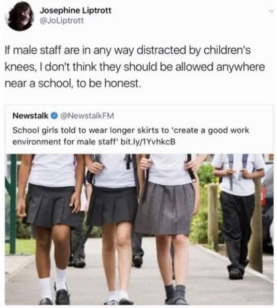 Comments and Comebacks - girls school uniforms uk -If male staff are in any way distracted by children's knees, I don't think they should be allowed anywhere near a school, to be honest.