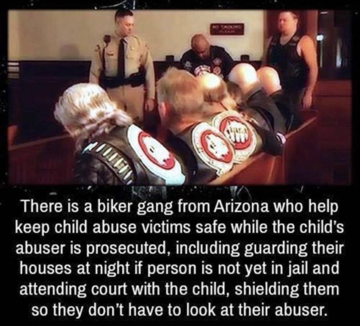 Dudes posting their wins - wholesome biker - There is a biker gang from Arizona who help keep child abuse victims safe while the child's abuser is prosecuted, including guarding their houses at night if person is not yet in jail and attending court with t