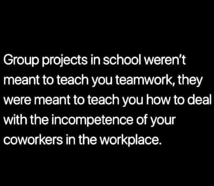 awesome pics and memes - group projects in school weren t meant - Group projects in school weren't meant to teach you teamwork, they were meant to teach you how to deal with the incompetence of your coworkers in the workplace.