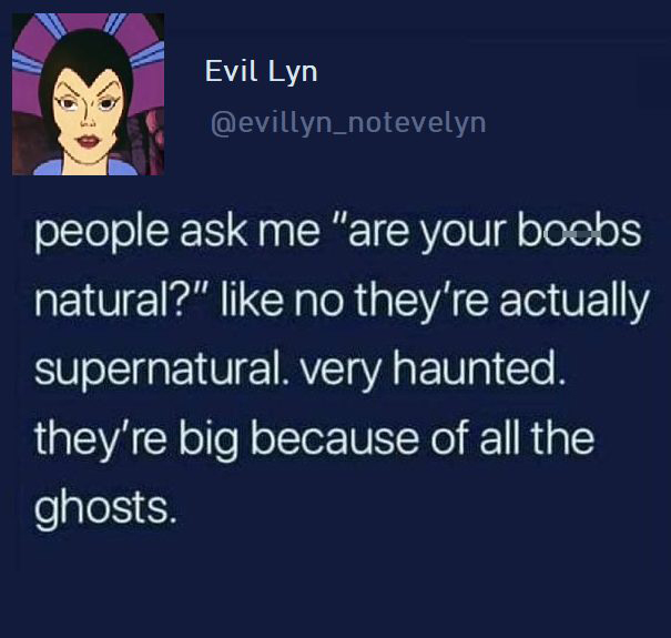 presentation - Evil Lyn people ask me "are your boobs natural?" no they're actually supernatural. very haunted. they're big because of all the ghosts.