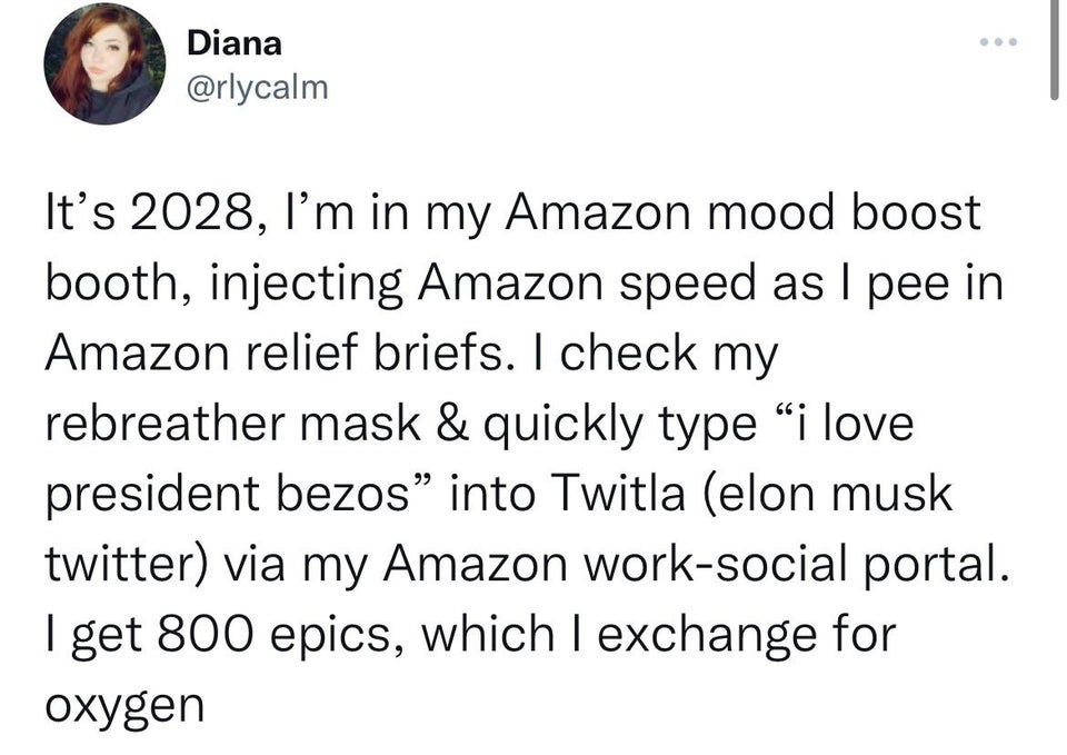 angle - Diana It's 2028, I'm in my Amazon mood boost booth, injecting Amazon speed as I pee in Amazon relief briefs. I check my rebreather mask & quickly type "i love president bezos" into Twitla elon musk twitter via my Amazon worksocial portal. I get 80