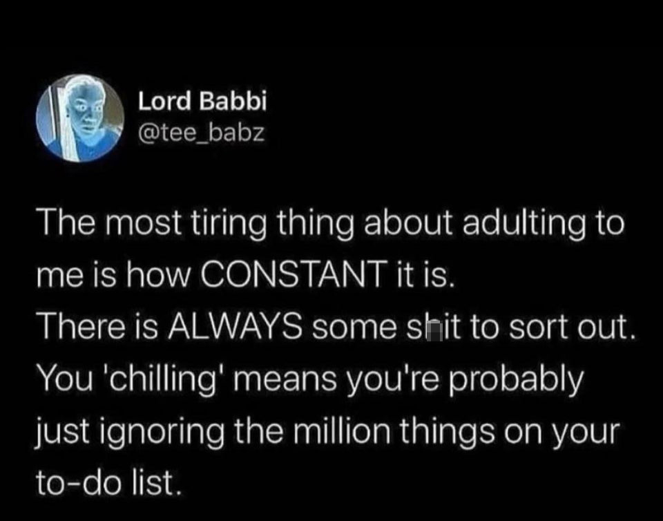 being a mom twitter quote - 19 Lord Babbi The most tiring thing about adulting to me is how Constant it is. There is Always some shit to sort out. You 'chilling' means you're probably just ignoring the million things on your todo list.