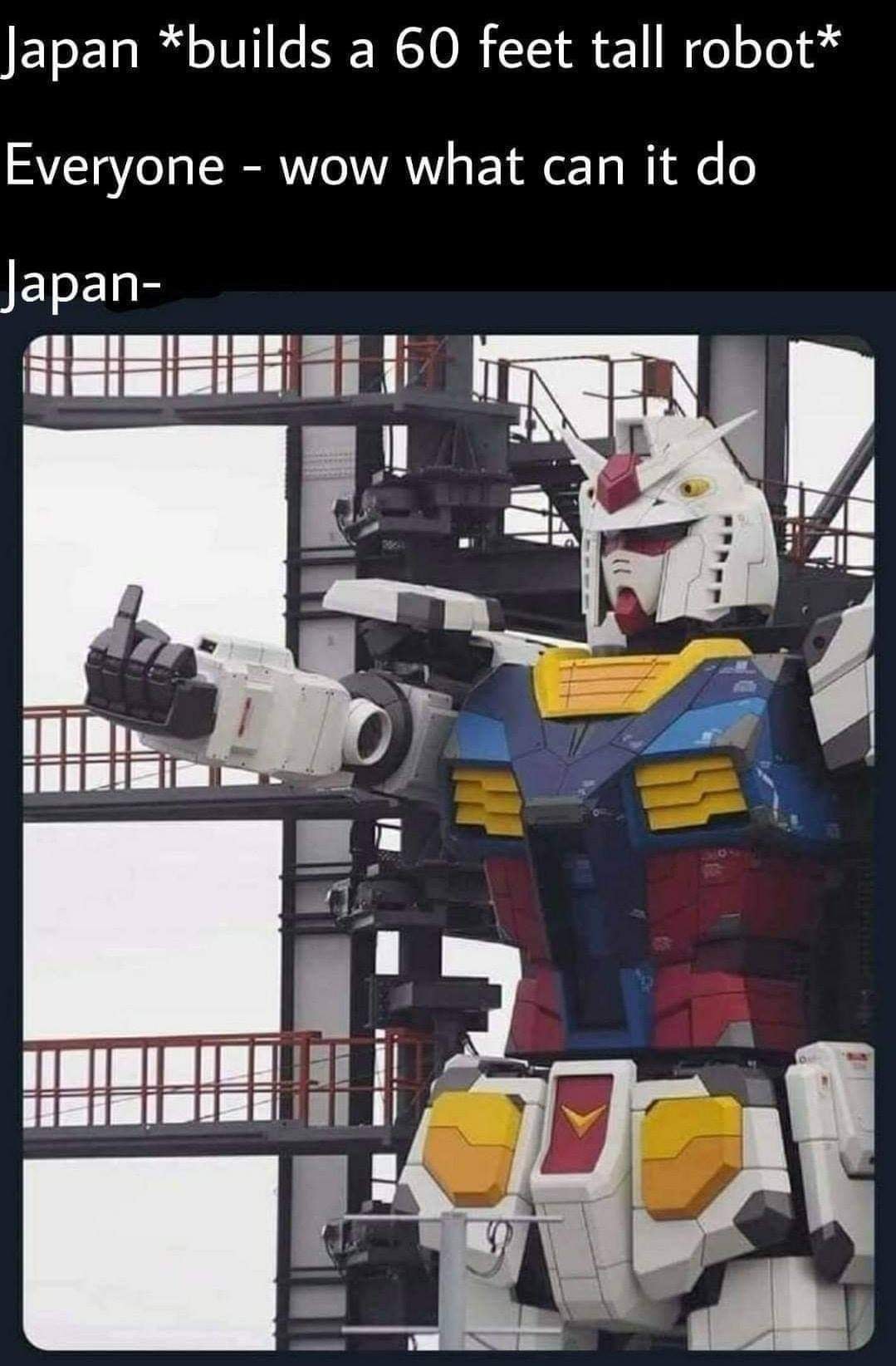 monday morning randomness - giant gundam middle finger - Japan builds a 60 feet tall robot Everyone wow what can it do w Japan # planoomasHR