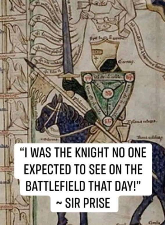 monday morning randomness - knight medieval manuscript - Li Men d 500 pet hy Dex and Carnay. by F315 fine veget "I Was The Knight No One Expected To See On The Battlefield That Day!" Sir Prise Omle