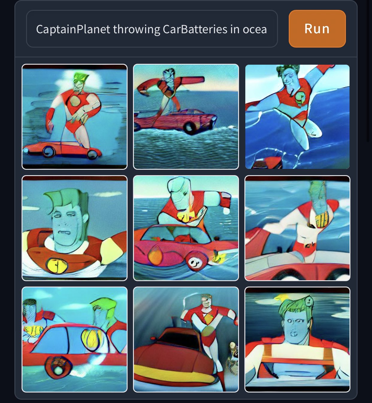 Dall-E Mini - cartoon - Captain Planet throwing CarBatteries in ocea Run