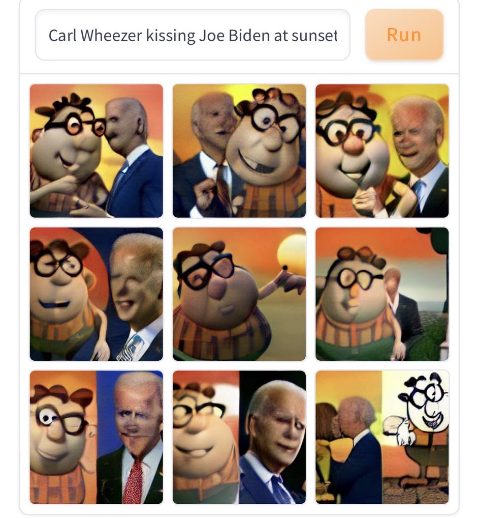 Dall-E Mini - smile - Carl Wheezer kissing Joe Biden at sunset Run