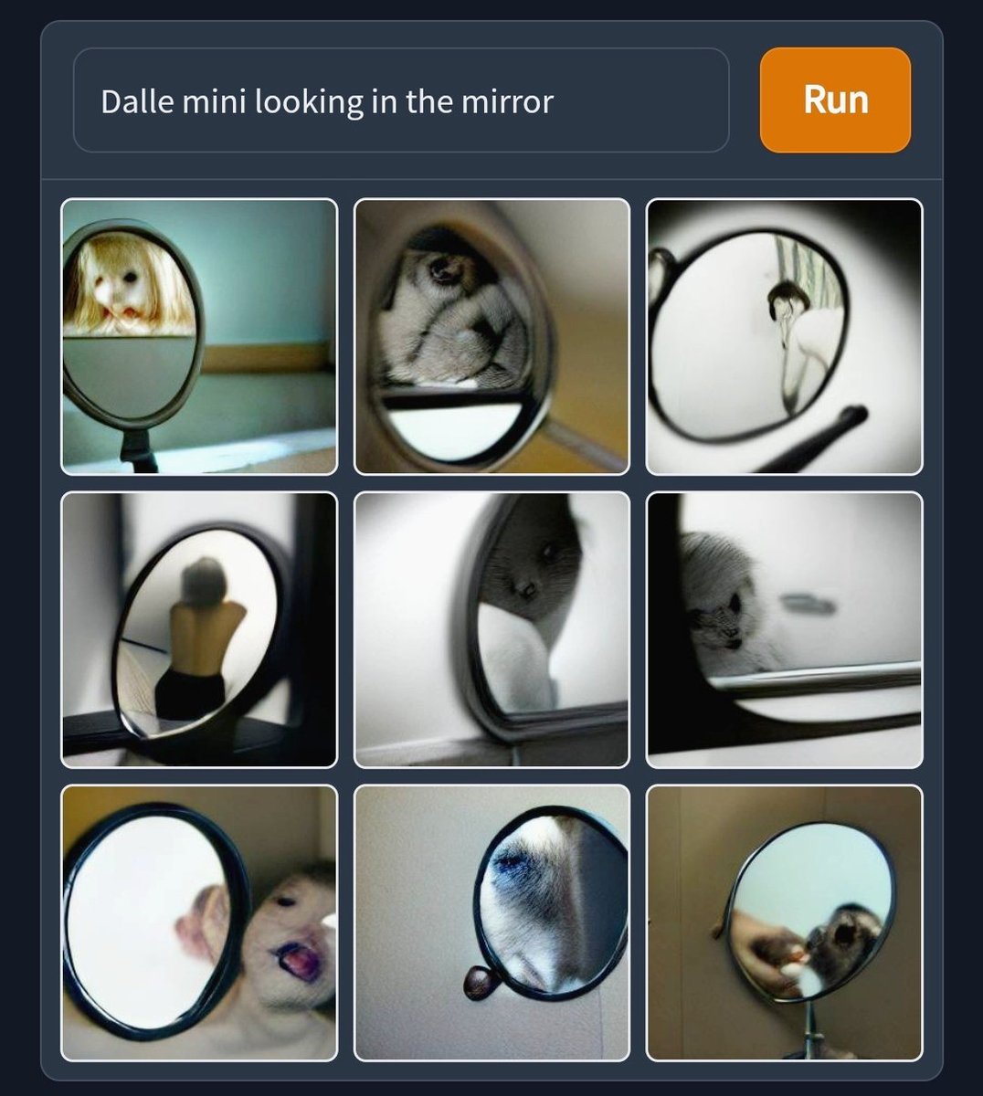 Dall-E Mini - circle - Dalle mini looking in the mirror Run