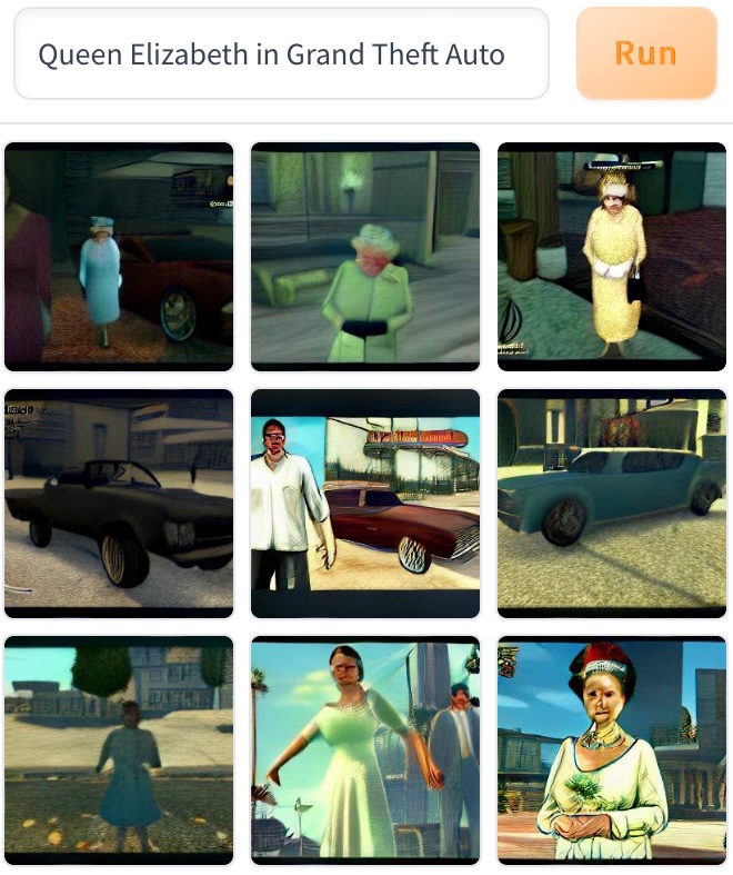 Dall-E Mini - vehicle - Queen Elizabeth in Grand Theft Auto Rad Come Good hre Run O