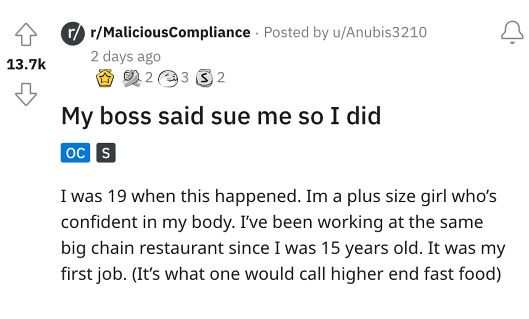employee sues boss story - paper - rrMaliciousCompliance Posted by uAnubis3210 2 days ago 2 @ 3 32 My boss said sue me so I did Oc S I was 19 when this happened. Im a plus size girl who's confident in my body. I've been working at the same big chain resta