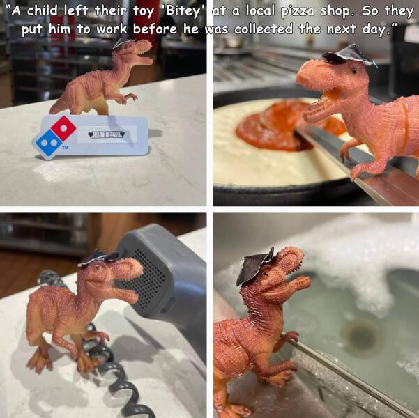 cool random pics - food - "A child left their toy "Bitey' at a local pizza shop. So they put him to work before he was collected the next day." Biteys Tm