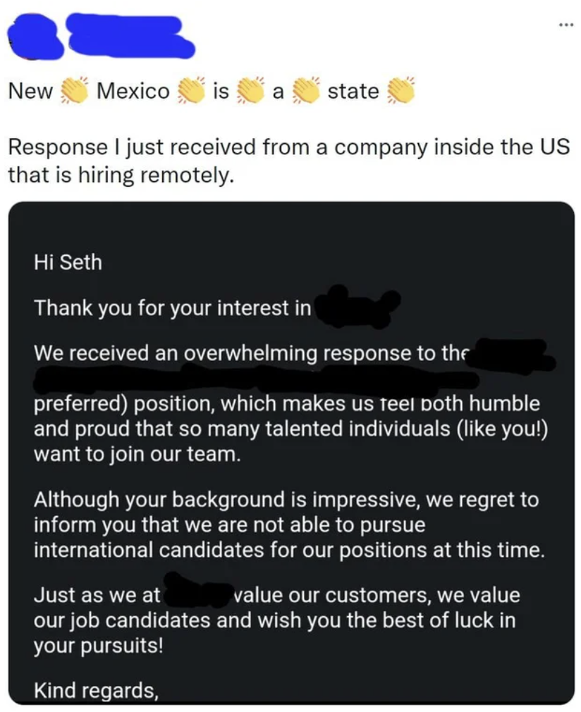 Dumb Facepalms - New Mexico is state Response I just received from a company inside the Us that is hiring remotely.