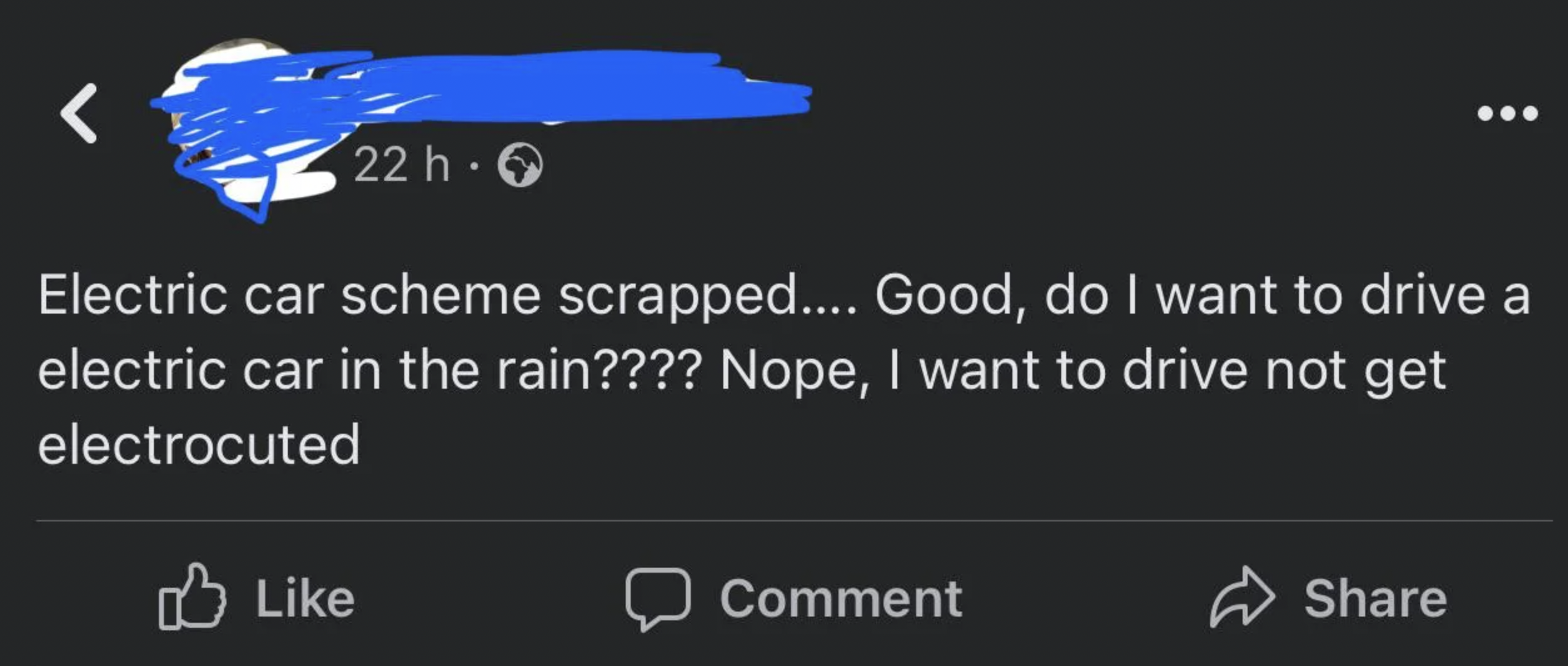 Dumb Facepalms - Good, do I want to drive a electric car in the rain???? Nope,
