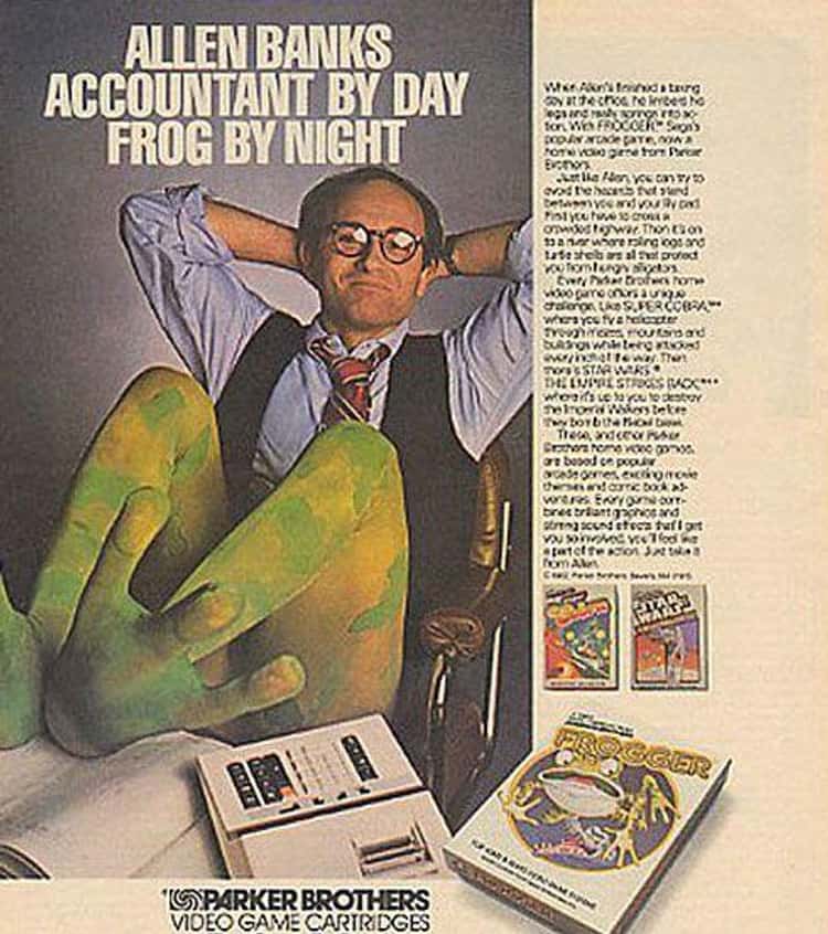 Vintage Gaming Ads - old computer ad - Allen Banks Accountant By Day Frog By Night Sparker Brothers Video Game Cartridges When Akn's Irishida taing Goy at de te lerbed to 2828 FroccerSen's de pare, Potw Volo gene from Pror Evoton wa d et ke Alor you can t
