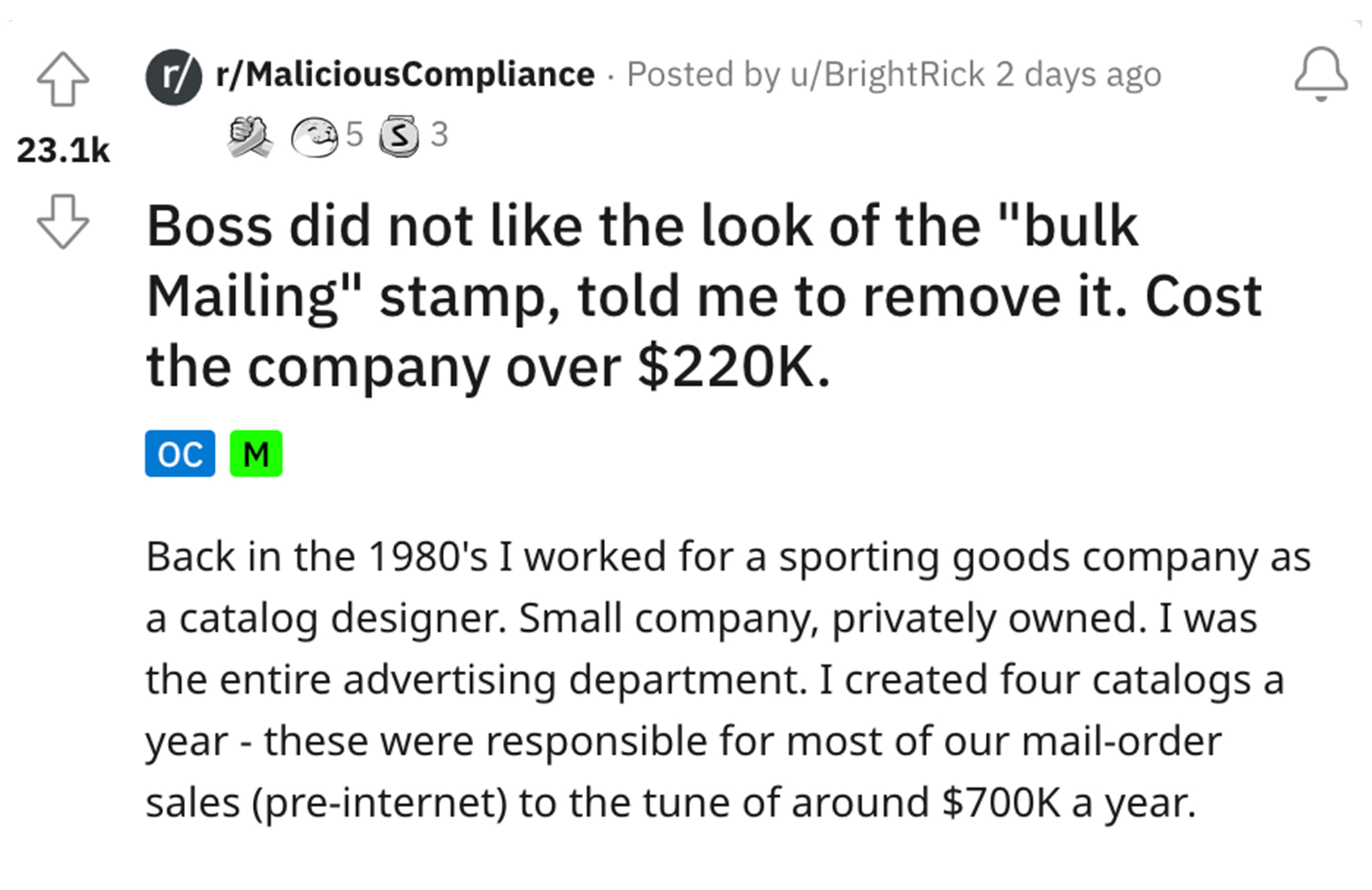 Entitled Boss gets fired - Hormone - rrMaliciousCompliance Posted by uBrightRick 2 days ago 5 33 Boss did not the look of the "bulk Mailing" stamp, told me to remove it. Cost the company over $. Oc M Back in the 1980's I worked for a sporting goods compan