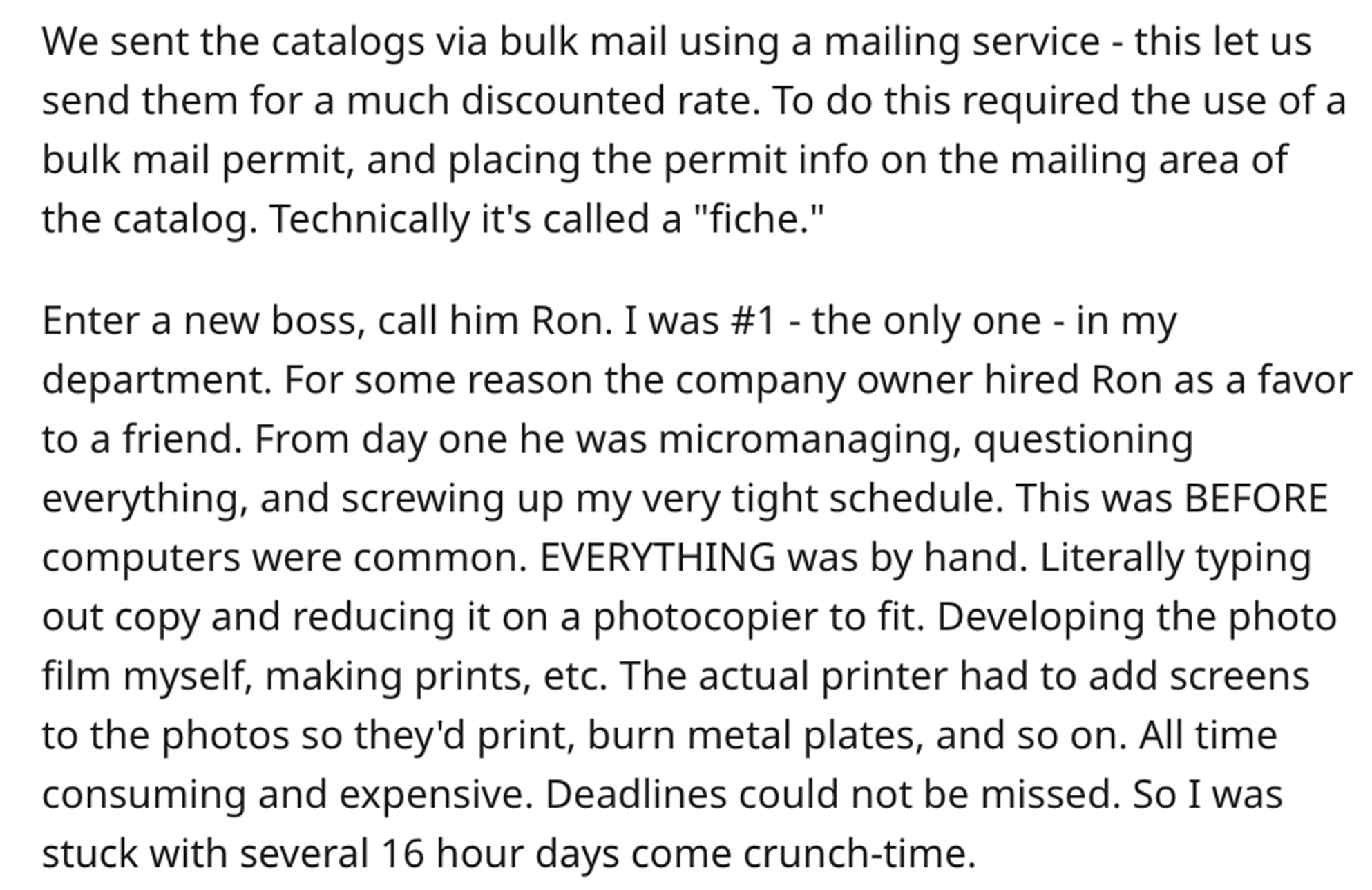 Entitled Boss gets fired - Color - We sent the catalogs via bulk mail using a mailing service this let us send them for a much discounted rate. To do this required the use of a bulk mail permit, and placing the permit info on the mailing area of the catal