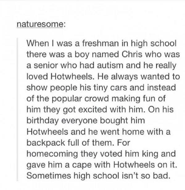 wholesome pics - high school so bad - naturesome When I was a freshman in high school there was a boy named Chris who was a senior who had autism and he really loved Hotwheels. He always wanted to show people his tiny cars and instead of the popular crowd