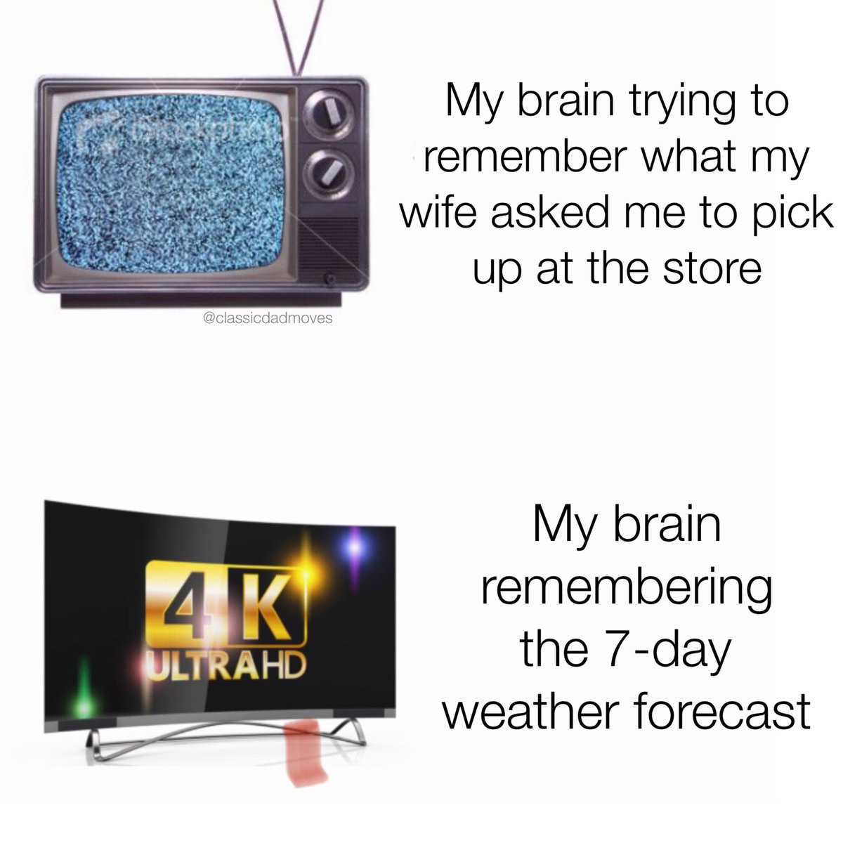 Dank Dad Memes - old tv - 4K Ultrahd My brain trying to remember what my wife asked me to pick up at the store My brain remembering the 7day weather forecast