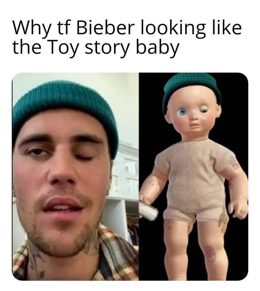 funny memes and pics - justin bieber facial paralysis - Why tf Bieber looking the Toy story baby