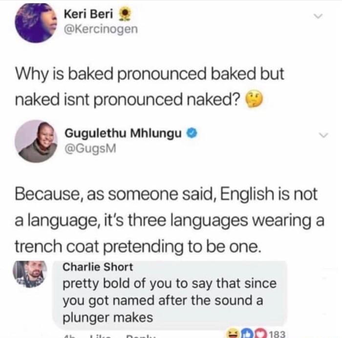 funny memes and pics - gugulethu mhlungu - Keri Beri Why is baked pronounced baked but naked isnt pronounced naked? Gugulethu Mhlungu Because, as someone said, English is not a language, it's three languages wearing a trench coat pretending to be one. Cha