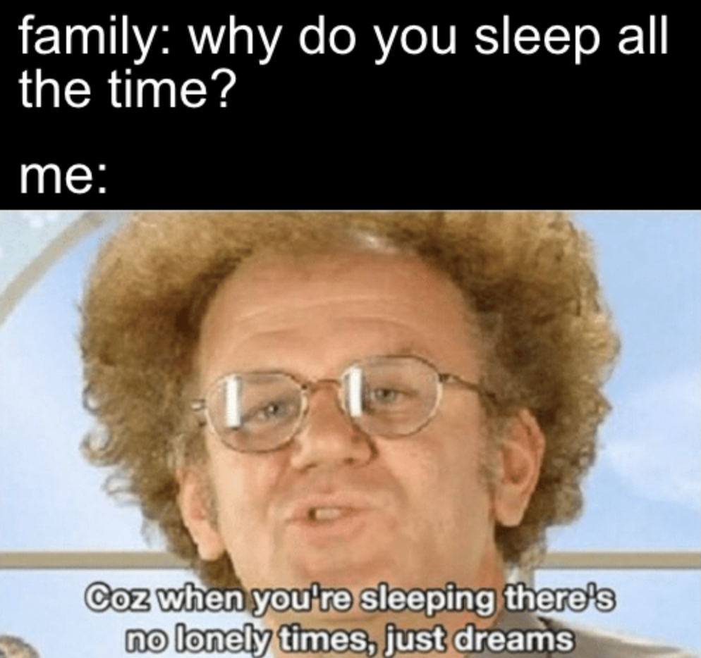Dank and Fresh Memes - no lonely times just dreams - family why do you sleep all the time? me Coz when you're sleeping there's no lonely times, just dreams