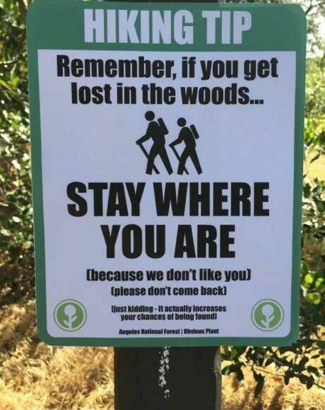 random pics- obvious plant memes - Hiking Tip Remember, if you get lost in the woods... Stay Where You Are because we don't you please don't come back just kiddingIt actually increases your chances of being found Angeles National Forest | Obvious Plant